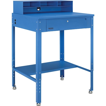 Global Industrial Flat Top Shop Desk w Pigeonhole Compartments, 34-1/2W x 30D x 38 to 42-1/2H, Blue 319355